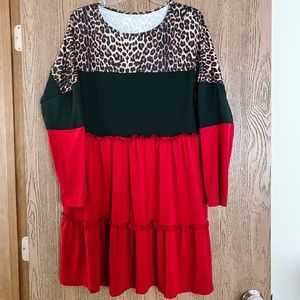 Colorblock Red Black Leopard Long-Sleeve Dress